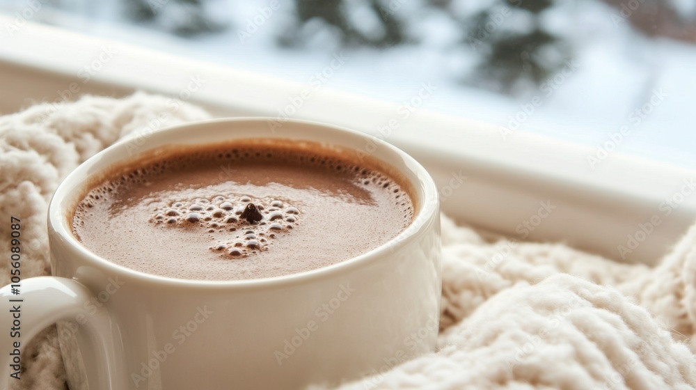 close-up of a steaming cup of hot chocolate , cozy blanket in the background, close-up of a steaming cup of hot chocolate , cozy blanket in the background,
