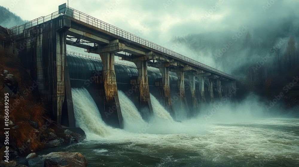 Bridge crossing over a dam, with water flowing underneath, watercolor style Bridge crossing over a dam, with water flowing underneath, watercolor style