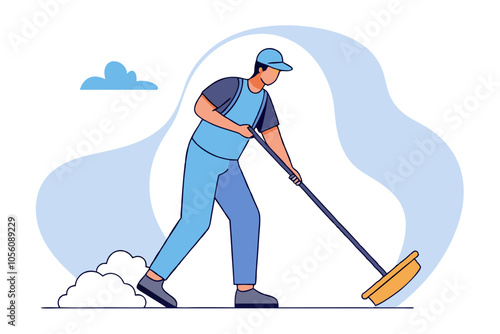 Flat Line Art of Janitor Cleaning Floor Mopping Vector Design