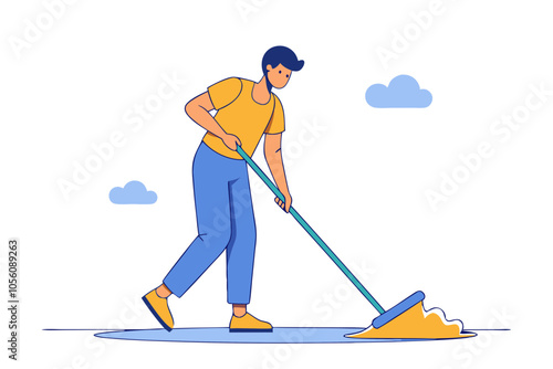 Flat Line Art of Janitor Cleaning Floor Mopping Vector Design