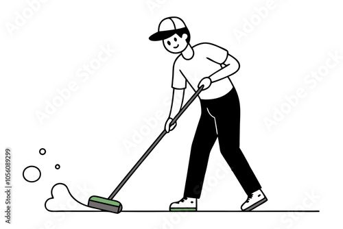 Flat Line Art of Janitor Cleaning Floor Mopping Vector Design