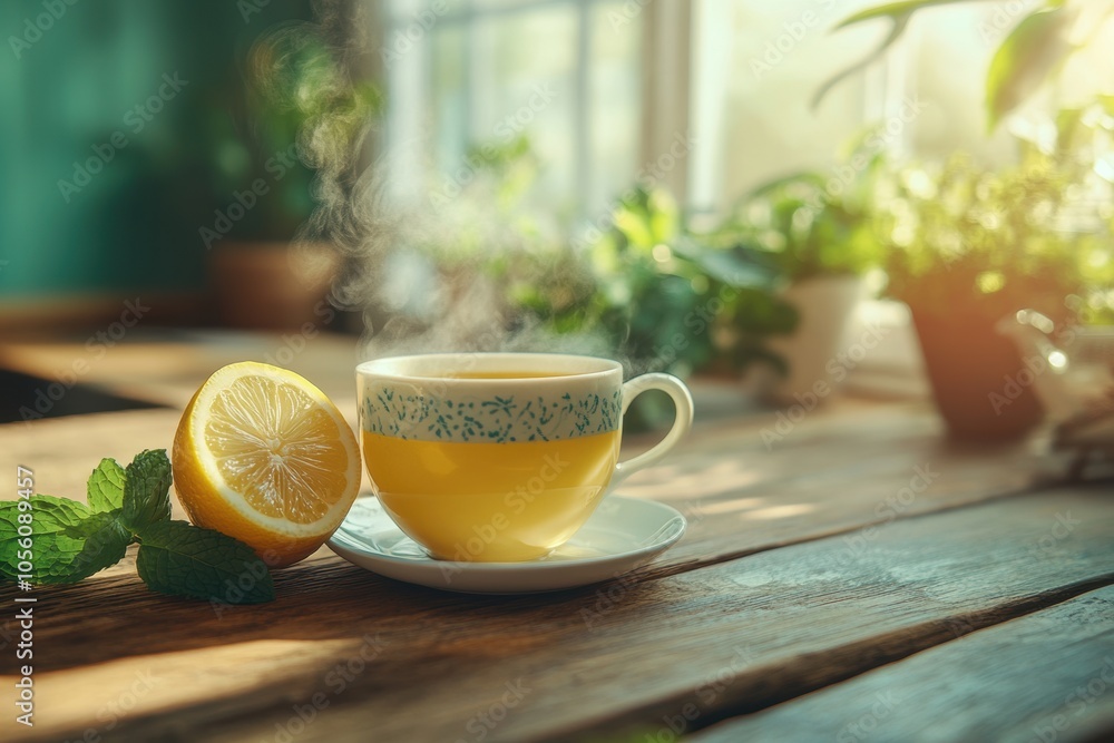 cozy kitchen scene, a mint lemon tea cup on a wooden table in a cozy rustic kitchen, ideal for text inclusion cozy kitchen scene, a mint lemon tea cup on a wooden table in a cozy rustic kitchen, ideal for text inclusion