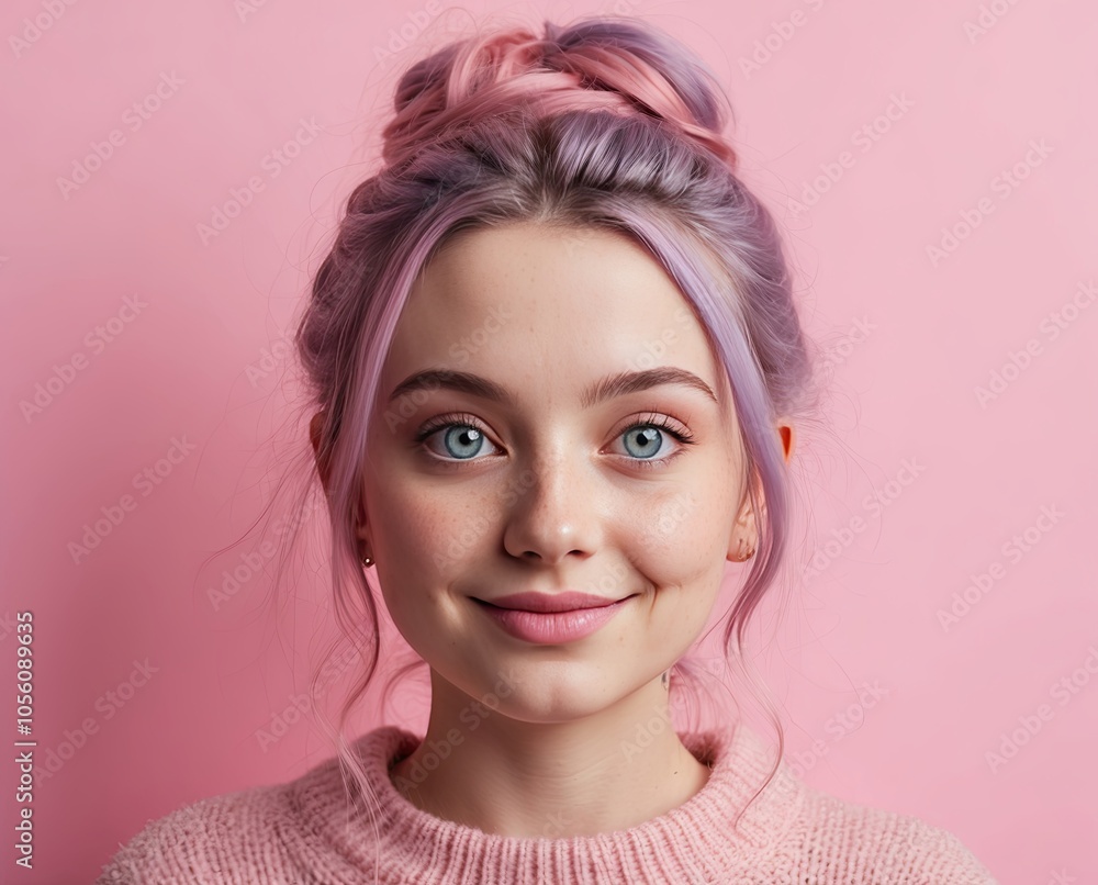 Portrait of a Smiling Woman in Pastel Pink Setting Portrait of a Smiling Woman in Pastel Pink Setting