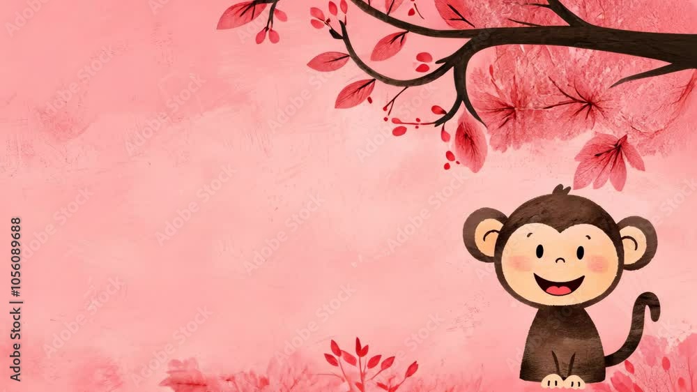 Cute Cartoon Monkey on Pink Background with Floral Elements, Playful Animal Illustration, Perfect for Children's Invitations, Wall Art, and Nursery Decor Cute Cartoon Monkey on Pink Background with Floral Elements, Playful Animal Illustration, Perfect for Children's Invitations, Wall Art, and Nursery Decor