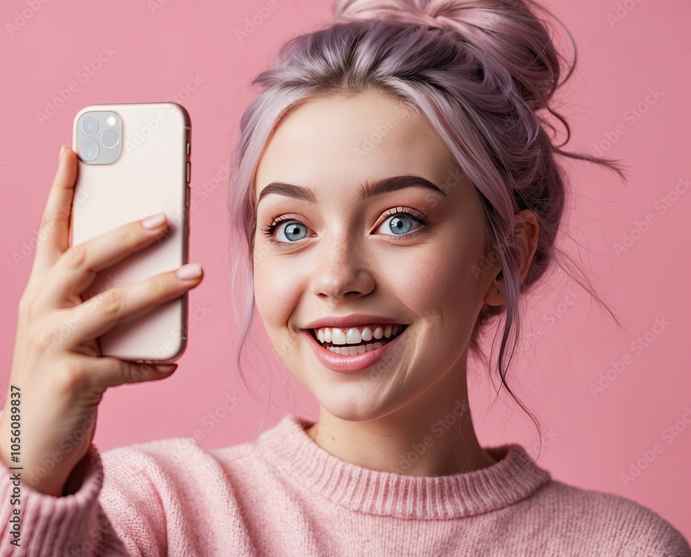 Young Woman Taking a Selfie with a Joyful Smile in Pastel Tones Young Woman Taking a Selfie with a Joyful Smile in Pastel Tones