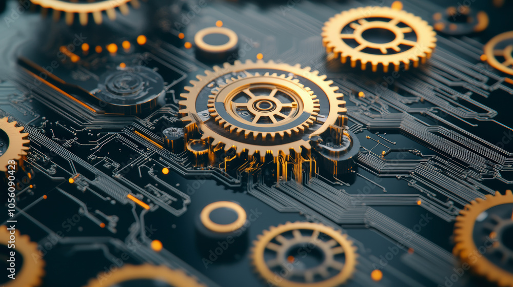 Golden gears intricately interlock on a digital circuit board, symbolizing the fusion of mechanical precision with advanced technology in a futuristic design. Golden gears intricately interlock on a digital circuit board, symbolizing the fusion of mechanical precision with advanced technology in a futuristic design.