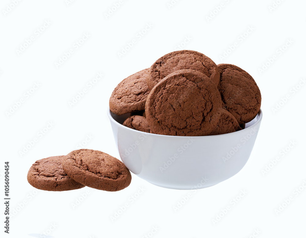 Chocolate cookies in a ceramic bowl isolated on white background. Chocolate cookies in a ceramic bowl isolated on white background.