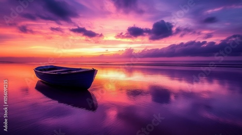 A small boat on the beach, sunset sky lanscape photography
