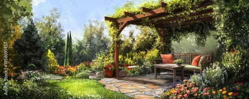 Backyard garden with a vinecovered pergola, cozy seating underneath, watercolor style photo