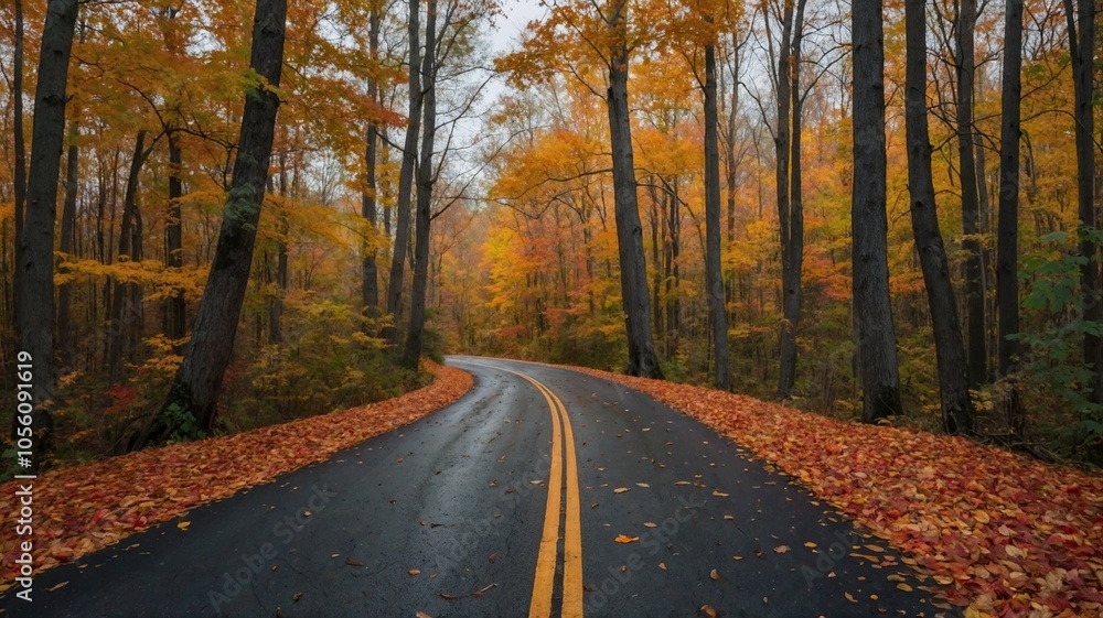 Obraz premium A winding mud road leads through a dense autumn forest, illuminated by the warm glow of vibrant red, orange, and yellow leaves. Fallen leaves carpet the road, adding depth and richness to this serene 