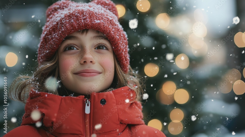 A cute child with a happy smile in a warm jacket, hat and scarf on the background of Christmas lights. The concept of winter holidays. A cute child with a happy smile in a warm jacket, hat and scarf on the background of Christmas lights. The concept of winter holidays.