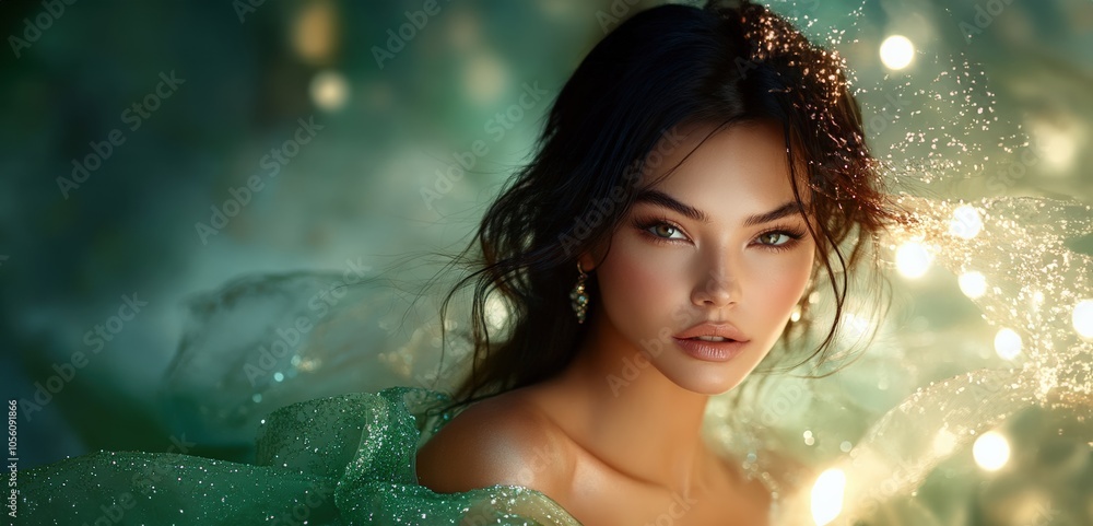 stunningly beautiful woman in a gorgeous chiffon green dress with glitter. magnificent close up portrait beautiful woman in luxurious fabrics. copy space stunningly beautiful woman in a gorgeous chiffon green dress with glitter. magnificent close up portrait beautiful woman in luxurious fabrics. copy space