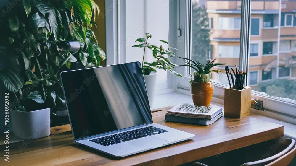 A workspace featuring a laptop, plants, and stationery by a window. A workspace featuring a laptop, plants, and stationery by a window.