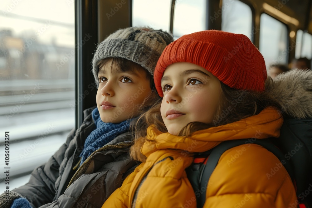 Siblings enjoying the view on a train journey to family hiking adventure via public transport Siblings enjoying the view on a train journey to family hiking adventure via public transport