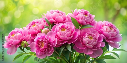Fototapeta Naklejka Na Ścianę i Meble -  Vibrant pink peony flowers arranged in a lush cluster with soft green foliage, arrangement, peonies