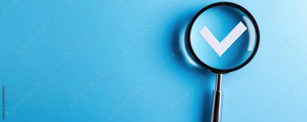 White checkmark magnified under glass on blue background, symbolizing approval, verification, or focus on quality White checkmark magnified under glass on blue background, symbolizing approval, verification, or focus on quality