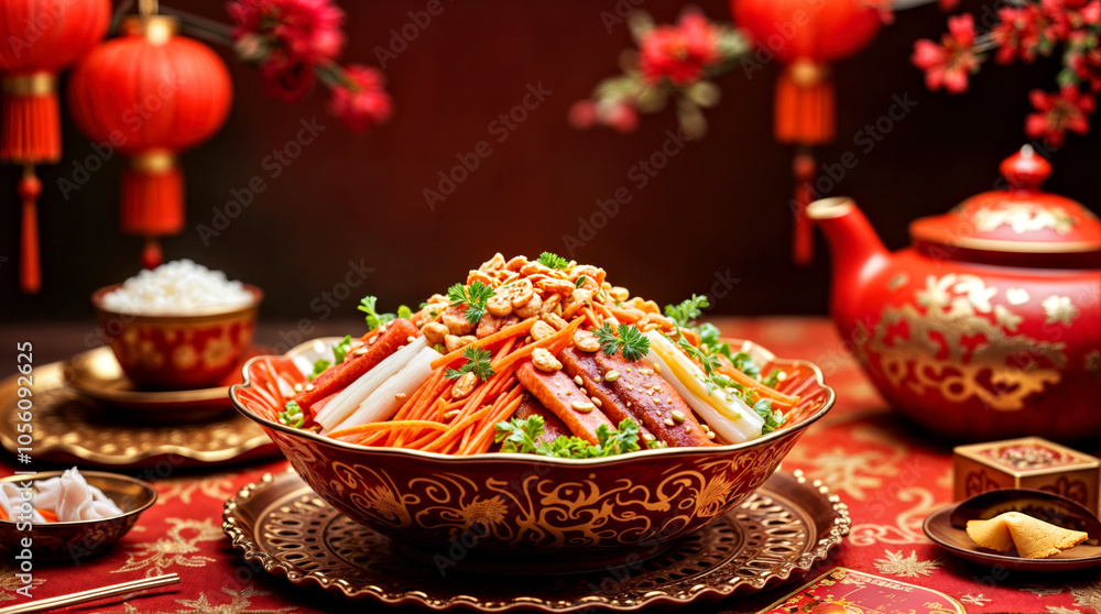 Fototapeta premium Traditional Chinese New Year salad. Traditional Asian Dish with Red Lanterns and Teapot on Ornate Table Setting