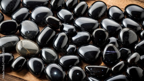 Shiny black apache tears displayed in a calming, natural setting. Their smooth texture and healing symbolism make them ideal for images showcasing holistic or spiritual themes. photo