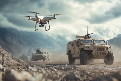 Military drone monitors armored vehicles on rugged terrain, showcasing advanced warfare technology