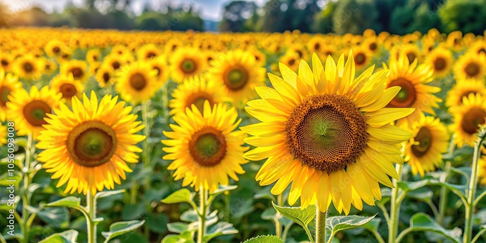 Obraz premium Vibrant yellow sunflower field with tall stems and bright blooms, field of flowers, landscape