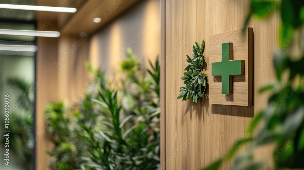 Fototapeta premium A modern interior featuring a green cross sign and lush plants, suggesting a wellness space.