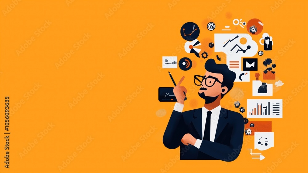 Illustration of a business professional analyzing data and graphs with various icons and charts on an orange background. Illustration of a business professional analyzing data and graphs with various icons and charts on an orange background.