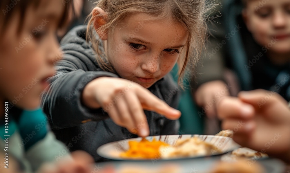 Young girl reaches for food on plate. Young girl reaches for food on plate.
