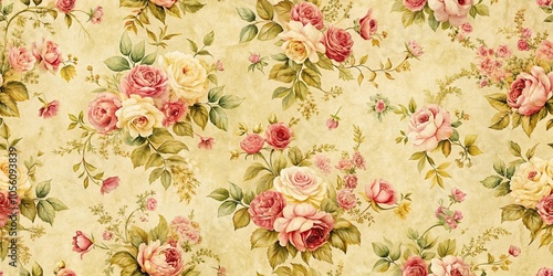 Vintage floral pattern with roses on a yellow background, shabby chic wallpaper style macro