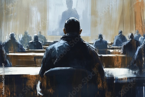 Artistic rendering of a courtroom trial scene featuring a defendant in a legal setting photo