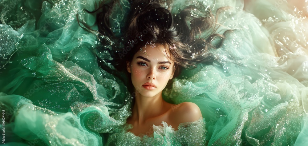 stunningly beautiful woman in a gorgeous chiffon green dress with glitter. magnificent close up portrait beautiful woman in luxurious fabrics. copy space stunningly beautiful woman in a gorgeous chiffon green dress with glitter. magnificent close up portrait beautiful woman in luxurious fabrics. copy space