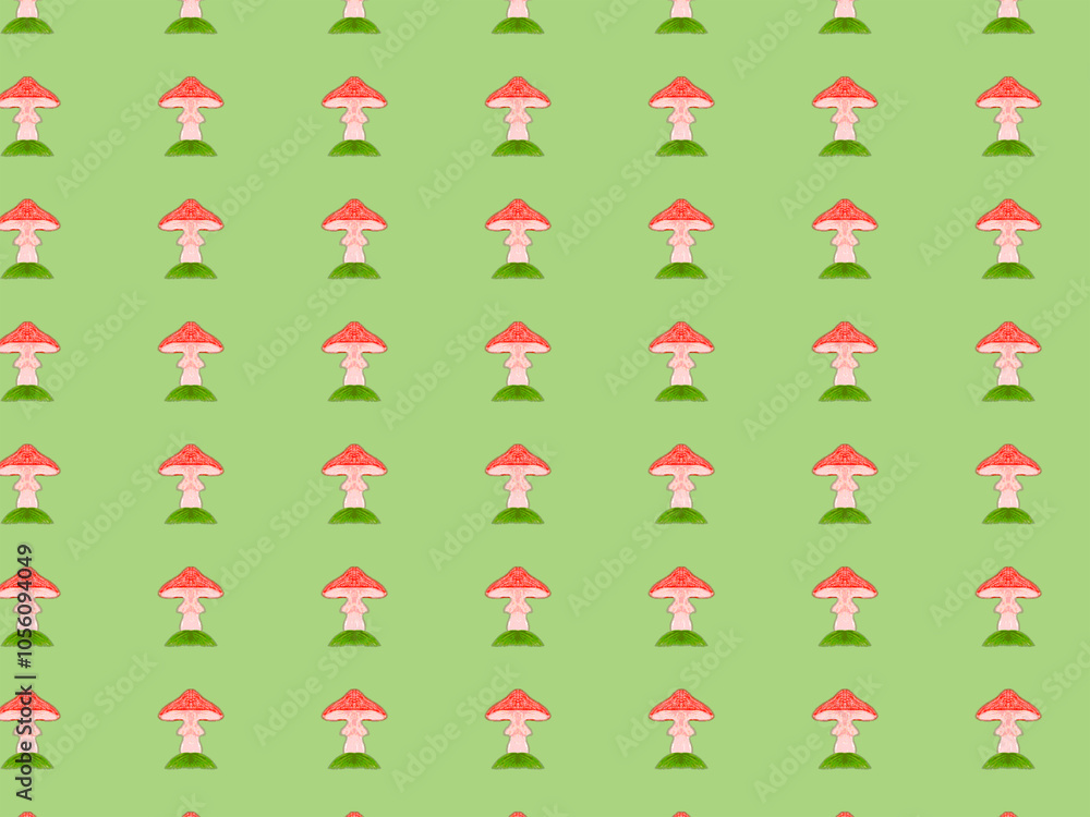 Repeating pattern of small fly agarics with red caps Poisonous hallucinogenic mushroom on light green background. Seamless illustration for Halloween Repeating pattern of small fly agarics with red caps Poisonous hallucinogenic mushroom on light green background. Seamless illustration for Halloween