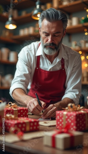 A man carefully wraps holiday gifts in a cozy kitchen, surrounded by festive decorations and warm lighting.