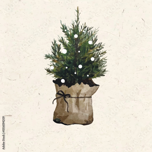 Vector freehand watercolor illustration of a Christmas tree with an empty space for text. Hand drawn watercolour scandinavian tree painting. Hygge card, background 