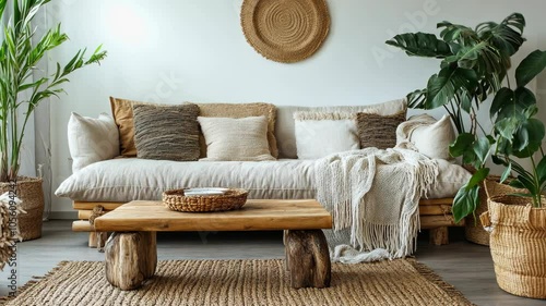 A living room with a neutral color palette is furnished with a couch, a coffee table, a rug, and several plants