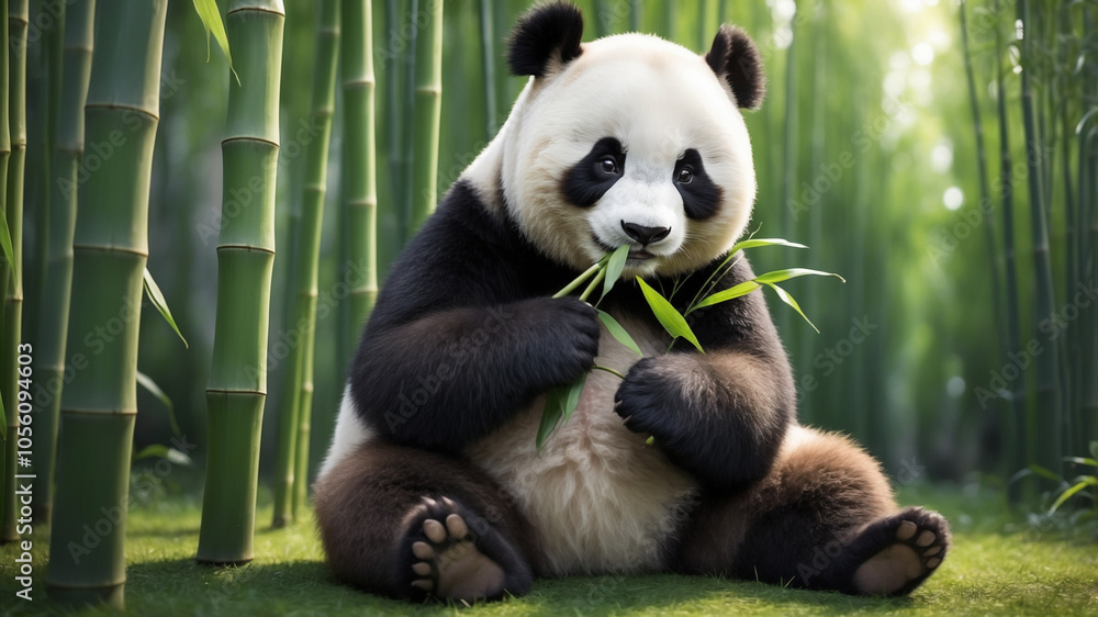 Obraz premium A charming panda with fluffy black-and-white fur, sitting contentedly among tall green bamboo stalks