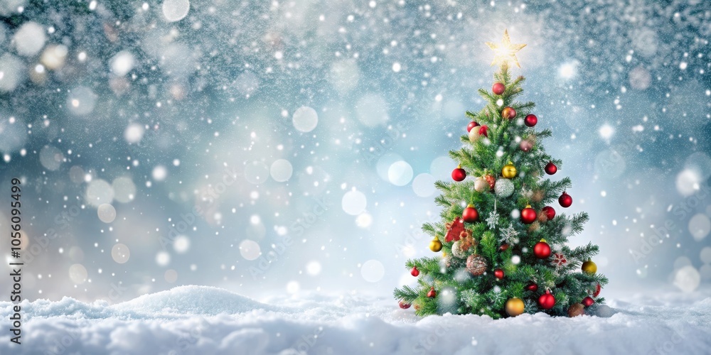 A Snowy Christmas Tree with Glowing Star and Festive Ornaments in a Winter Wonderland Landscape A Snowy Christmas Tree with Glowing Star and Festive Ornaments in a Winter Wonderland Landscape