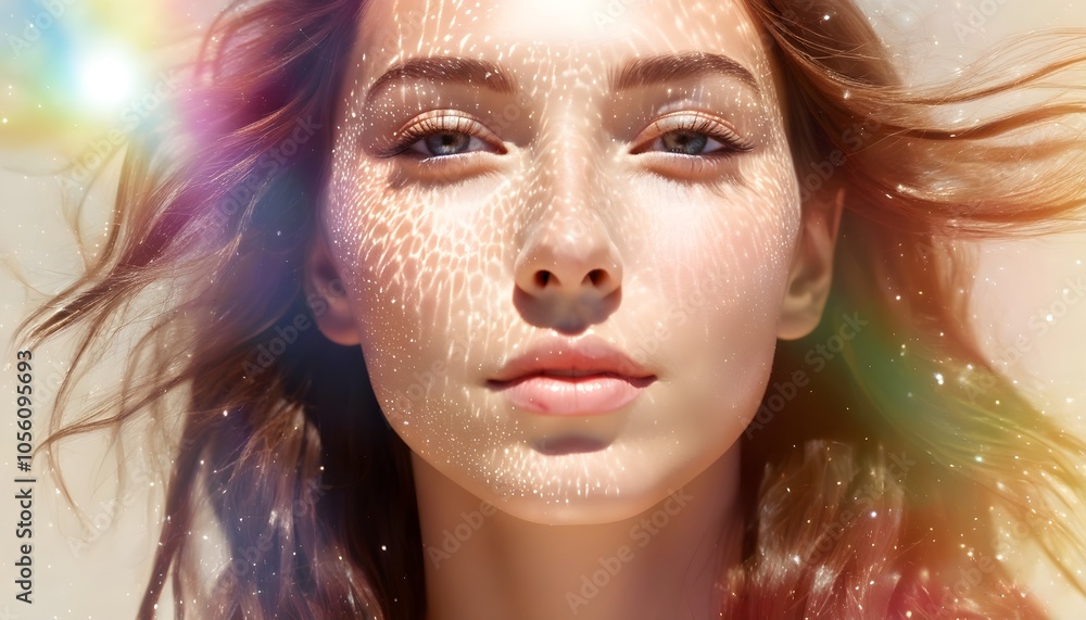 Radiant Fashion Portrait of a Beautiful Girl with Sparkling Makeup and Rainbow Highlights Radiant Fashion Portrait of a Beautiful Girl with Sparkling Makeup and Rainbow Highlights