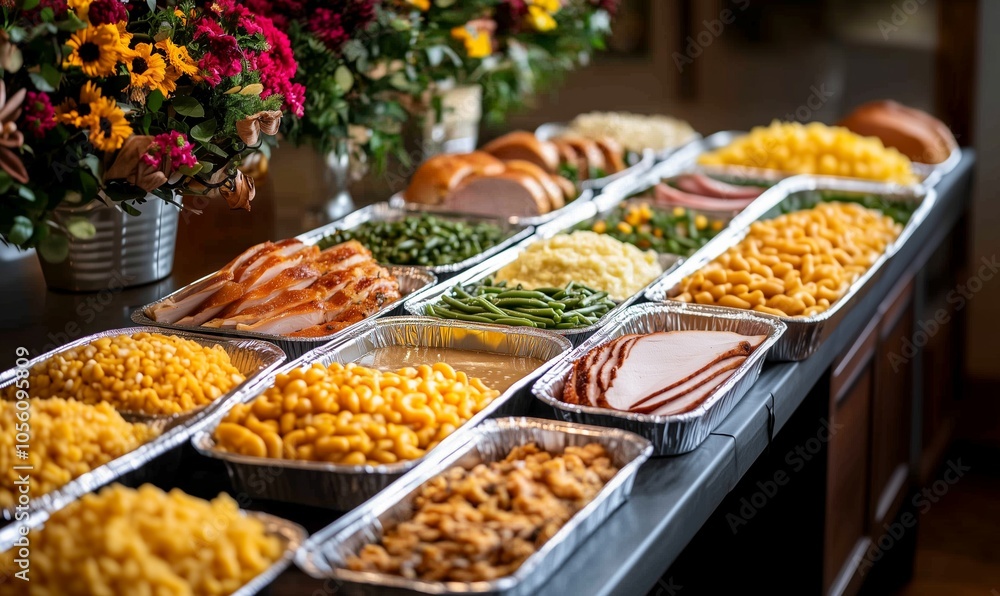 A Festive Buffet Spread Featuring a Variety of Side Dishes and Main Courses at a Family Gathering During the Autumn Season A Festive Buffet Spread Featuring a Variety of Side Dishes and Main Courses at a Family Gathering During the Autumn Season
