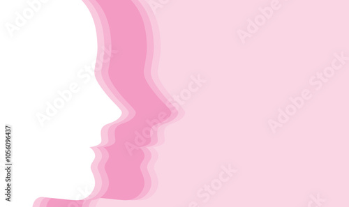 Female profile silhouette design in white and pink tones on pink flat background, delicate vector illustration and copy space