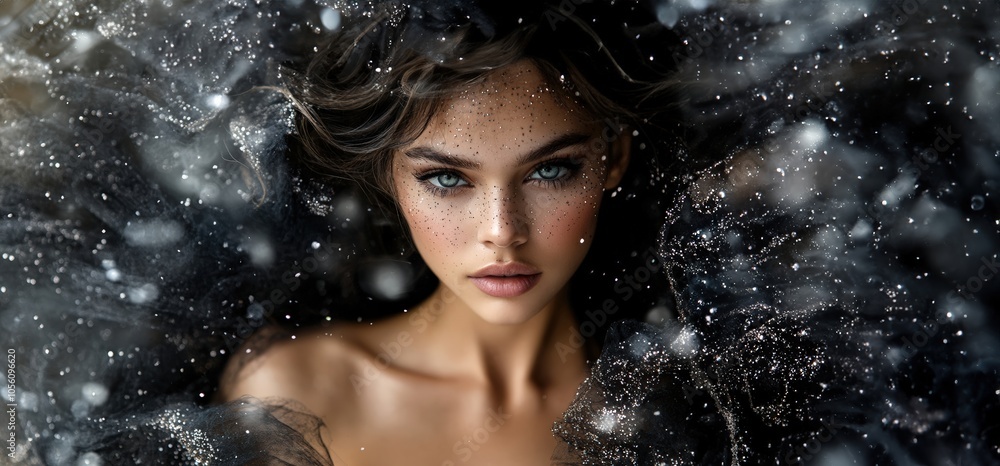 stunningly beautiful woman in a gorgeous chiffon black dress with glitter. magnificent close up portrait beautiful woman in luxurious fabrics. copy space stunningly beautiful woman in a gorgeous chiffon black dress with glitter. magnificent close up portrait beautiful woman in luxurious fabrics. copy space