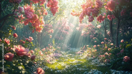 A serene garden pathway adorned with blooming flowers under gentle sunlight