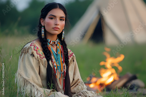 A young Native American woman sitting by campfire with teepee in the background photo