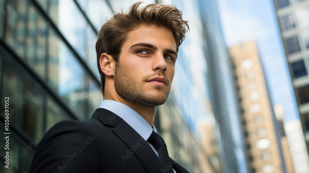Confident Businessman Looking Forward in a Modern Cityscape Confident Businessman Looking Forward in a Modern Cityscape