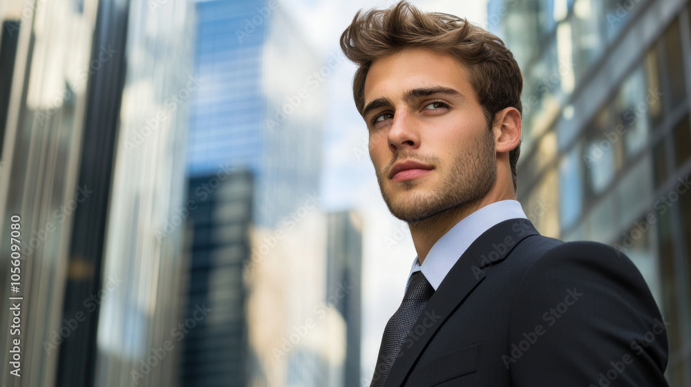Confident Businessman Looking Forward in a Modern Cityscape Confident Businessman Looking Forward in a Modern Cityscape