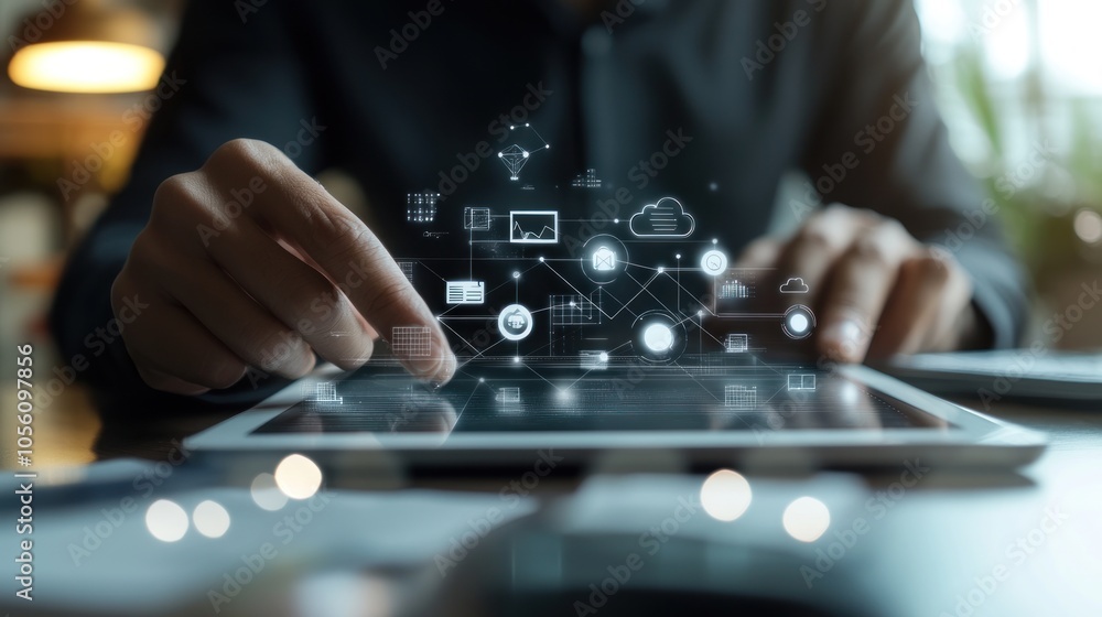 A person interacting with a tablet, displaying digital icons and data connections. A person interacting with a tablet, displaying digital icons and data connections.