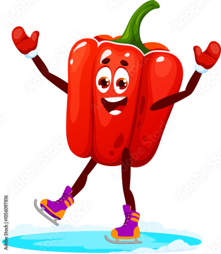 Cartoon pepper on ice skates for Christmas holiday vegetable character, vector emoji. Funny cute bell pepper skating on ice rink in mittens for Merry Christmas and Happy New Year winter holiday emoji