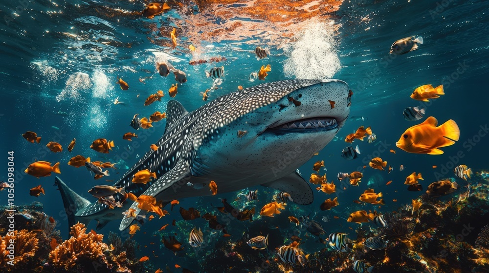 Fototapeta premium Whale shark gliding through a vibrant coral reef in tropical waters