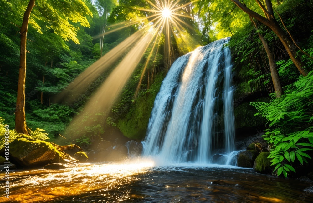 Fototapeta premium Sunlit waterfall in lush forest with verdant foliage and sunbeams
