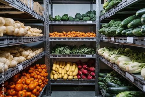Exploring the vibrant bounty of a harvest store filled with fresh vegetables in a well-organized cooler space. Generative AI
