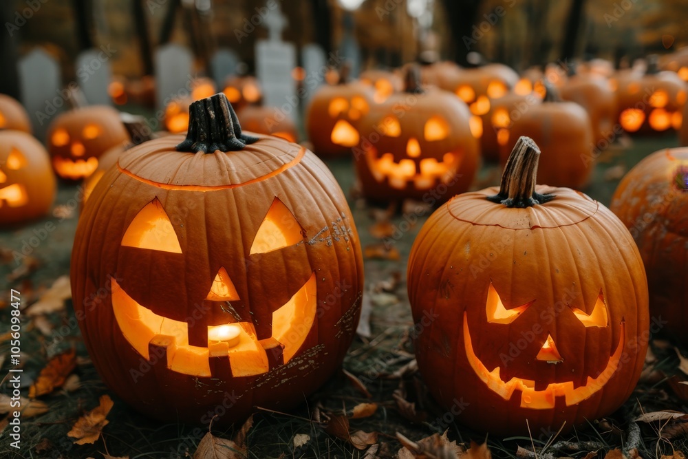 Glowing Halloween Pumpkins in a Graveyard, Creating a Spooky and Festive Nighttime Atmosphere Glowing Halloween Pumpkins in a Graveyard, Creating a Spooky and Festive Nighttime Atmosphere